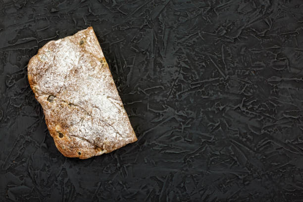 italian food, ciabatta, mediterranean, natural, organic, snack, black, stone, table, top view, copy space, free space for text - bruschetta cutting board italy olive oil imagens e fotografias de stock