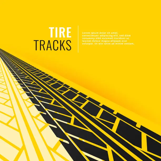 Vector illustration of tire tracks in perspective om yellow background