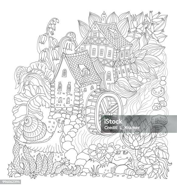 Vector Black And White Outline Contoured Fairy Tale Landscape Flowers Small Fantasy Water Mill Building River Frog And Snail On A White Background T Shirt Print Adults And Children Coloring Book Page Stock Illustration - Download Image Now