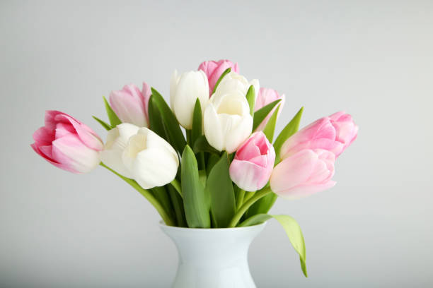 istock Bouquet of tulips in vase on grey background 996071088