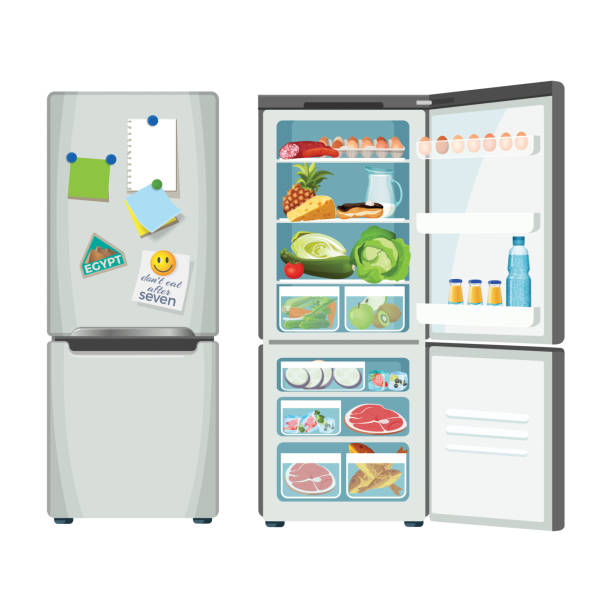 illustrazioni stock, clip art, cartoni animati e icone di tendenza di frigorifero moderno con diversi poster colorati del set di cibo - frigorifero
