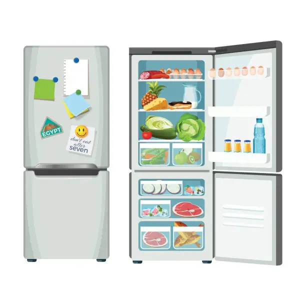 Vector illustration of Modern fridge with different food set colorful poster