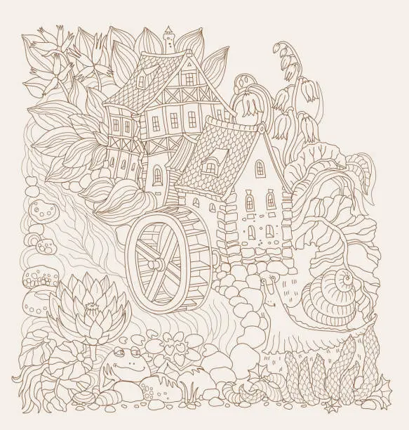 Vector illustration of Vector brown colored outline sketch of  fairy tale landscape, flowers, small fantasy Water Mill building, river, frog and snail on a beige background. T shirt print. Adults and children Coloring Book page