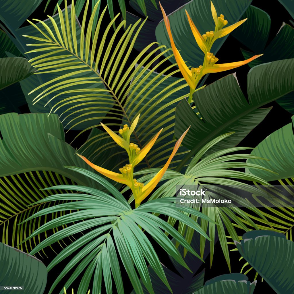Seamless hand drawn tropical vector pattern with bird of paradise flowers and exotic palm leaves on dark background. Vector background Seamless hand drawn tropical vector pattern with bird of paradise flowers and exotic palm leaves on dark background. Vector background. Tropical Climate stock vector