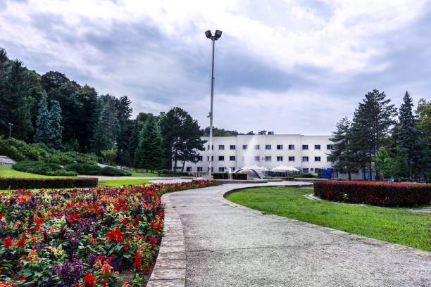 istock Resort park with decorative flower and path for walking 996090036