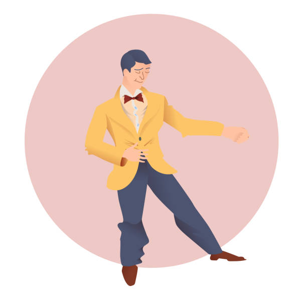 ilustrações de stock, clip art, desenhos animados e ícones de man dance lindy hop. stylish retro man in grey trousers and jacket, green tie and yellow braces. expressive dancer for poster, flyer for studio of social dances. vector illustration in flat style. - men 20s cut out 30s