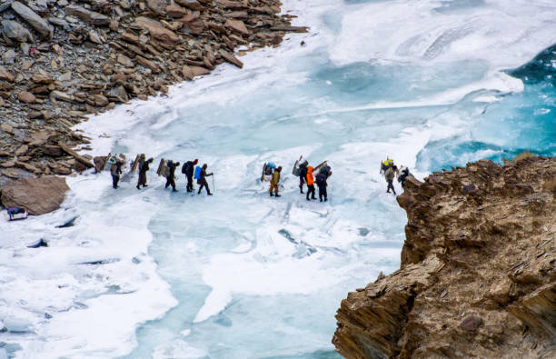People Crossing Frozen Zanskar River. Chadar Trek Chadar Trek. Frozen Zanskar River. Leh Ladakh. India
People Crossing Frozen Zanskar River. Trekking. Extreme Temperature ladakh region photos stock pictures, royalty-free photos & images