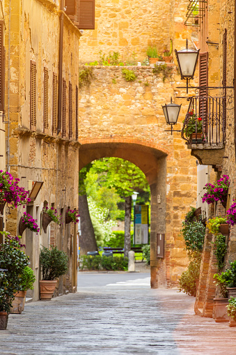 Beautiful street in a small old village Pienza, Tuscany, Europe.
