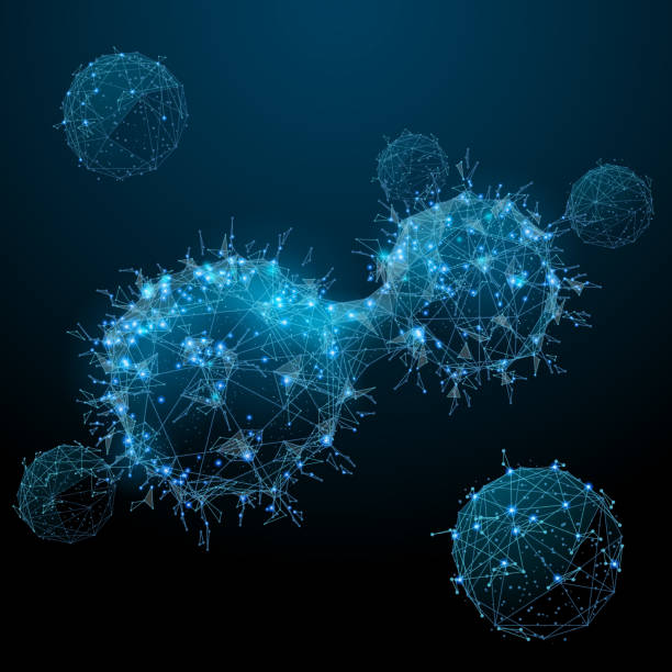 Cancer cells low poly blue Cancer cells. Oncology low poly wireframe. Vector polygonal image in the form of a starry sky or space, consisting of points, lines, and shapes in the form of stars with destruct shapes. biological cell illustrations stock illustrations