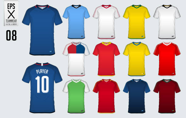 illustrations, cliparts, dessins animés et icônes de kit de football maillot, t-shirt sport modèle de conception pour le club de sport. t-shirt football maquette. recto et verso découvre des uniformes de soccer. catalogue de vêtements de sport. vector - soccer sports uniform soccer uniform jersey