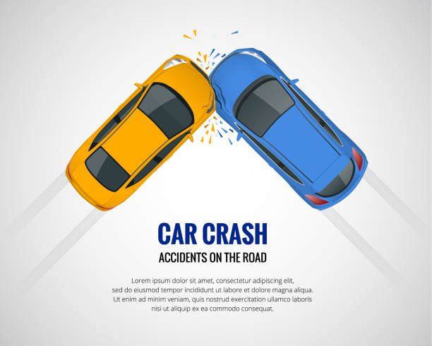 ilustraciones, imágenes clip art, dibujos animados e iconos de stock de accidente de coche, vista superior de coche accidente aislada sobre un fondo claro. desastres emergencia accidente de coche. ilustración de vector plano. - dented