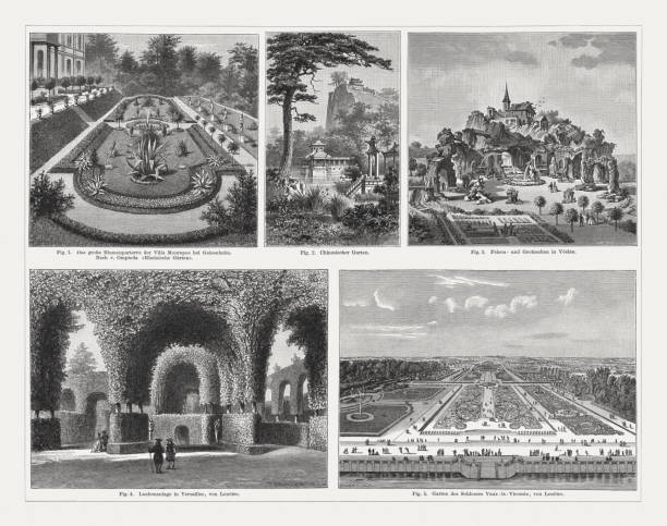 ilustrações, clipart, desenhos animados e ícones de evidências históricas da jardinagem, gravuras de madeira, publicado em 1897 - flowerbed aerial