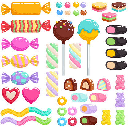 Colorful candies set - hard candy, chocolate bonbons, licorice, marshmallow twists, cake pops, gummy bears, dragee. Vector illustration in cartoon style. Assorted sweets.