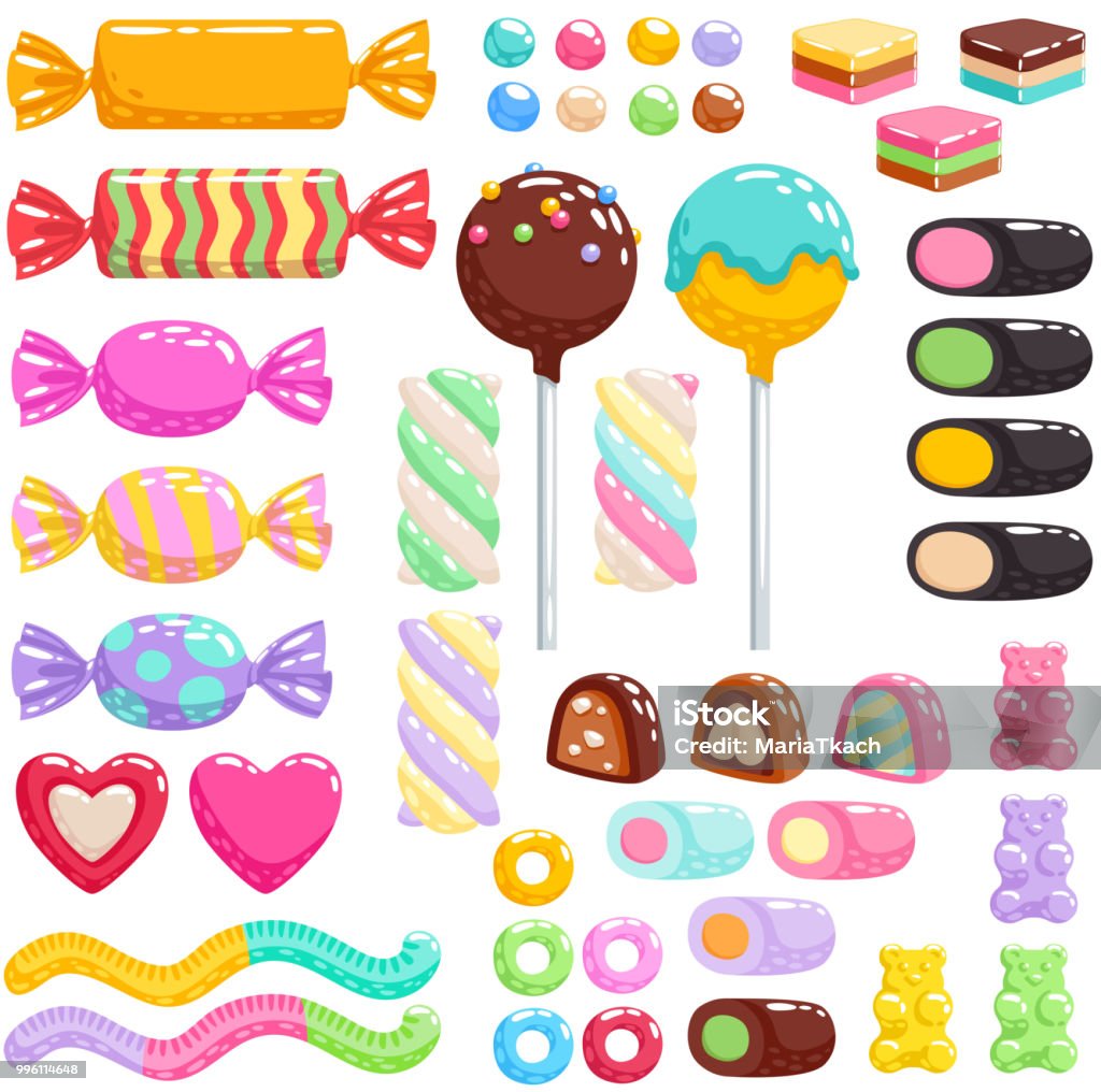 Sweets set. Assorted candies Colorful candies set - hard candy, chocolate bonbons, licorice, marshmallow twists, cake pops, gummy bears, dragee. Vector illustration in cartoon style. Assorted sweets. Candy stock vector