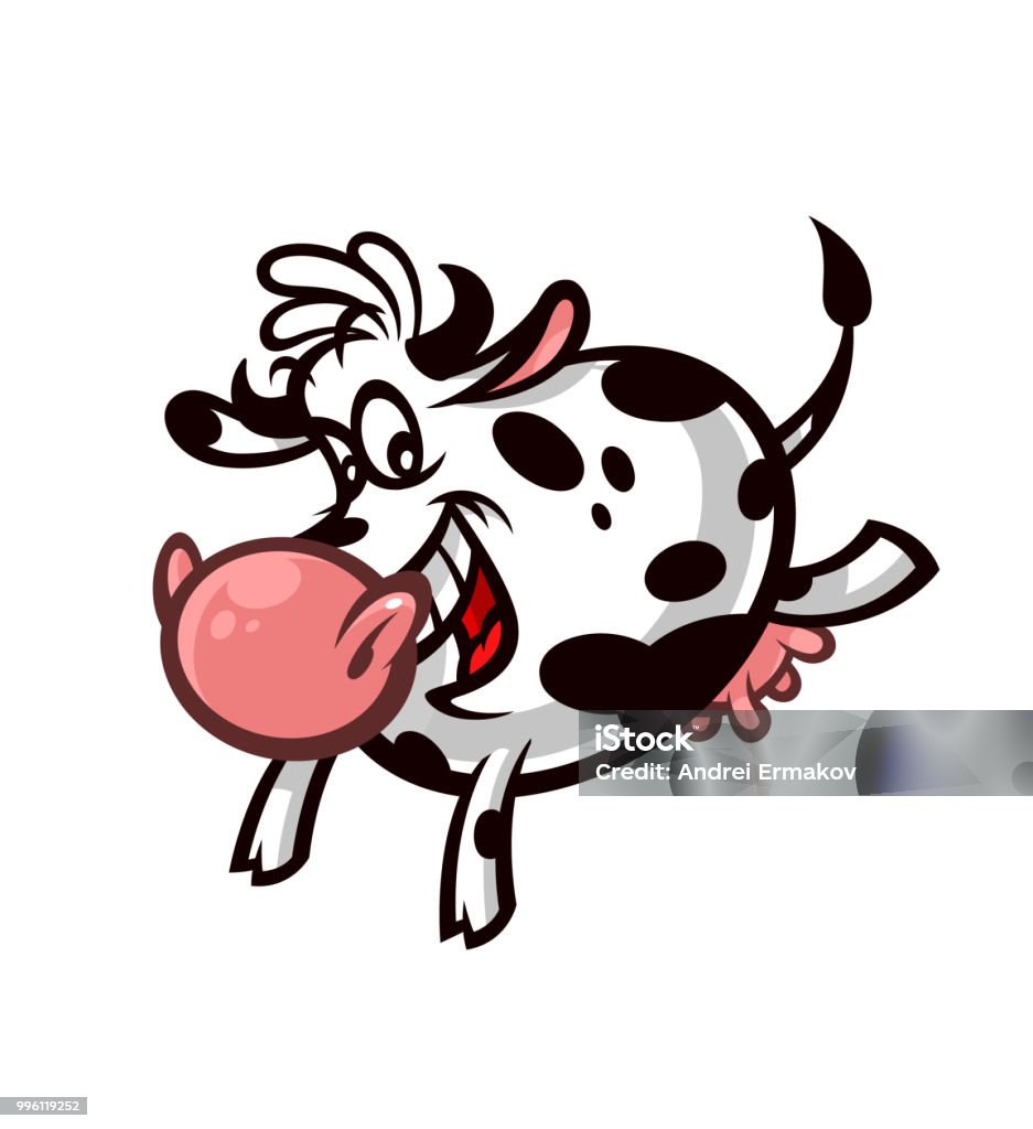 Cartoon cute cow. Emblem for printing. The running cow. Image is isolated on white background. Funny animal mascot. A hilarious character for a game or a cartoon. Logo for the meat and dairy company Agriculture stock illustration