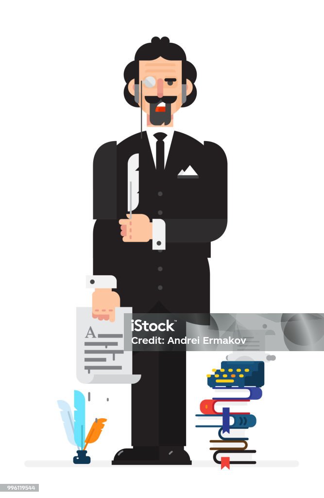 Ein Dichter Ein Schriftsteller In Einer Flachen Cartoonstil Darstellung Des Charakters Des Ein Dichter Ein Schriftsteller In Einer Flachen Cartoonstil Darstellung Des Charakters Des