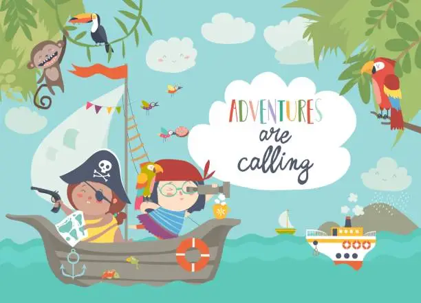 Vector illustration of Cute pirates sailing in their ship