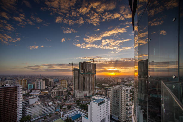 istock Dar es Salaam Business District Cityscape High Angle View with Reflection at Sunset with copy space straight 996132966