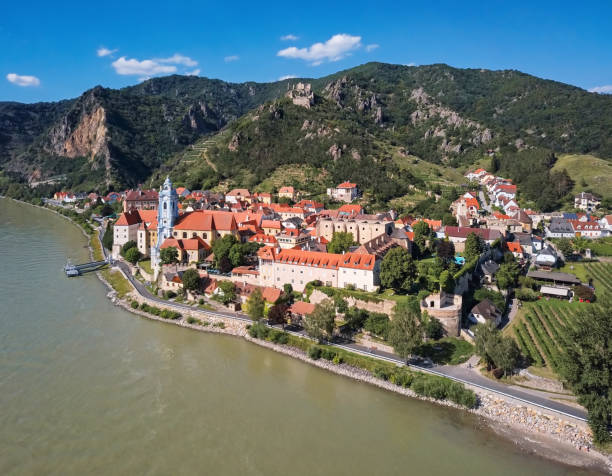 Aerial panorama of Durnstein town. Wachau valley, Austria Panorama of Durnstein, Wachau valley, Austria. danube valley stock pictures, royalty-free photos & images