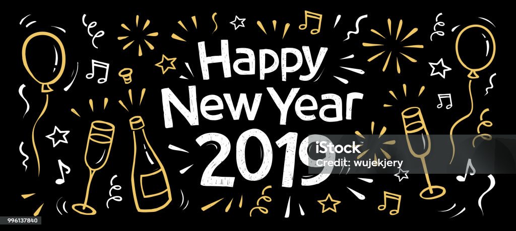 hand drawn 2019 happy new year banner hand drawn 2019 happy new year doodle banner with fireworks, balloons, a bottle and glasses of champagne, confetti, Confetti stock vector