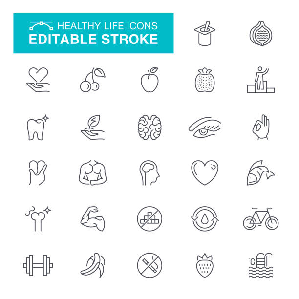 Healthy Life Editable Stroke Icons Fitness & Workout, Gym, Heart Shape, Healthy Lifestyle, Editable Stroke Icon Set exercise class icon stock illustrations
