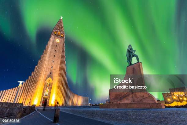 Aurora Borealis Above Hallgrimskirkja Church In Central Of Reykjavik City In Iceland Stock Photo - Download Image Now