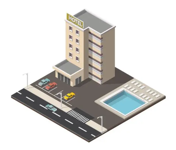 Vector illustration of Isometric hotel building with pool low poly illustration