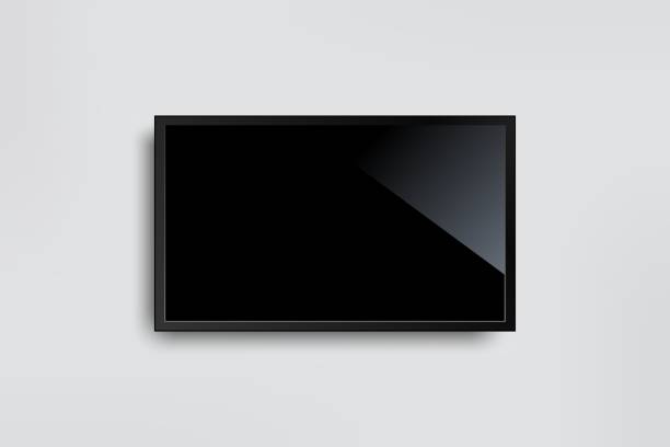 schwarz-led-tv-tv-bildschirm auf weiße wand hintergrund leer - computerbildschirm stock-grafiken, -clipart, -cartoons und -symbole