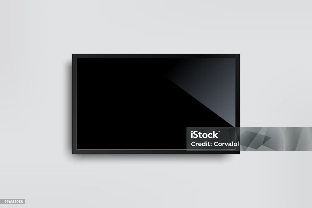 Black LED tv television screen blank on white wall background Television Set stock vector