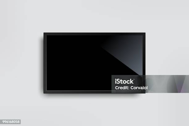 Black Led Tv Television Screen Blank On White Wall Background Stock Illustration - Download Image Now