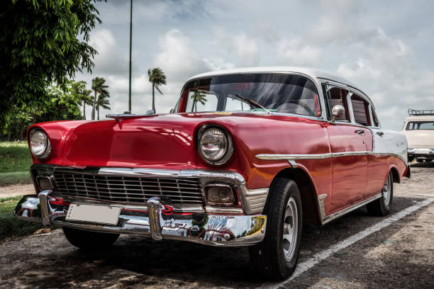 HDR - Beautiful american red vintage car parked in Varadero Cuba - Serie Cuba Reportage stock photo