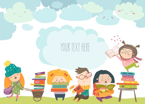 Group of cartoon children reading books. Vector illustration