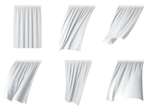 White curtain set vector realistic illustration White fluttering curtain set. Vector realistic illustration isolated on white background. hanging fabric stock illustrations
