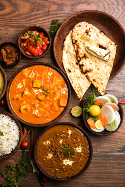 Assorted indian food for lunch or dinner, rice, lentils, paneer, dal makhani, naan, chutney, spices over moody background. selective focus stock photo
