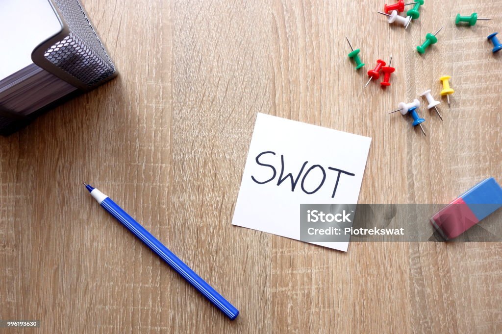 SWOT analysis (strenghts, weaknesses, opportunities, threats) business concept SWOT analysis (strenghts, weaknesses, opportunities, threats) business concept with message on wooden table Analyzing Stock Photo