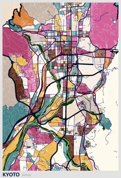 Vector illustration of art illustration map, Kyoto city