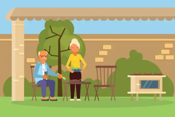 Vector illustration of Elderly family couple on bbq vector illustration