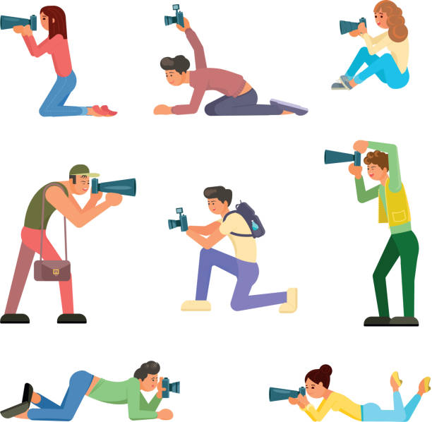 Paparazzi icon set vector isolated illustration Paparazzi icon set. Vector illustration of professional male and female photographers in different poses taking photo using professional equipment. paparazzi photographer illustrations stock illustrations