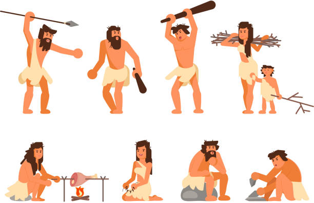 Primitive stone age people vector flat icon set Stone age people icon set. Vector flat style design illustration of primitive people cavemen hunting, cooking, gathering brushwood, making stone tools isolated on white background. ancient civilization illustrations stock illustrations
