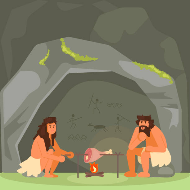Stone age couple cooking meat vector illustration Stone age family couple cooking meat on open fire next to their cave home. Vector flat style design illustration. paleo stock illustrations