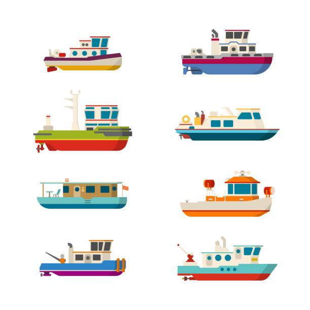 vektor-meer oder fluss-schiffe legen in flachen stil - tugboat towing nautical vessel industrial ship stock-grafiken, -clipart, -cartoons und -symbole