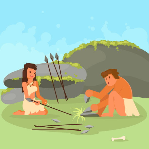 Stone age couple making spears vector illustration Stone age family couple making hunting tools stone spears. Vector flat style design illustration. two men hunting stock illustrations