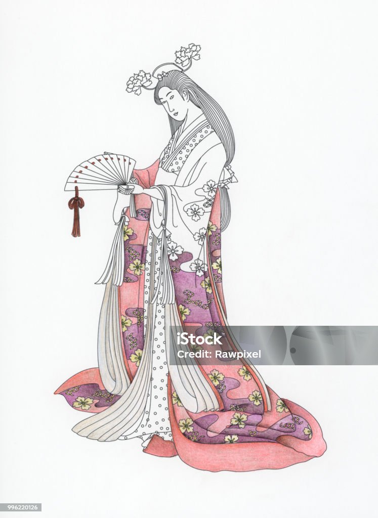 Sotoori Hime adult coloring  page based on the work of  Eishi Hosoda (1756-1829) Wedding stock illustration