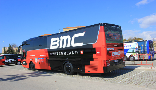 Faro,Portugal-February,18,2018-BMC bus.BMC Switzerland on Algarve Tour