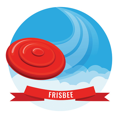 Frisbee outside activity poster. Leaving behind high-speed rail on cloudless sky flying plate vector. Round framed color plastic disk on caption ribbon.