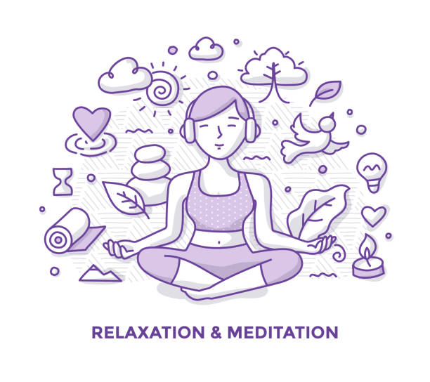 relaks i medytacja doodle - lotus position audio stock illustrations