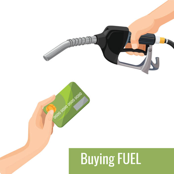 Buying petrol concept emblem, template for gasoline prices Buying petrol concept emblem, gasoline products. Cashless payment for refueling on gas station, credit card in hand and fuel pump nozzle, pay for petrol gas pump hand stock illustrations