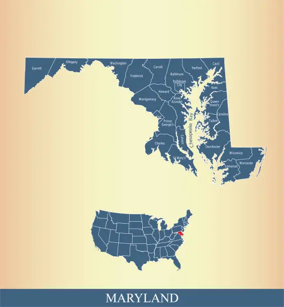 Vector illustration of Maryland county map vector outline highlighted on USA map in blue background