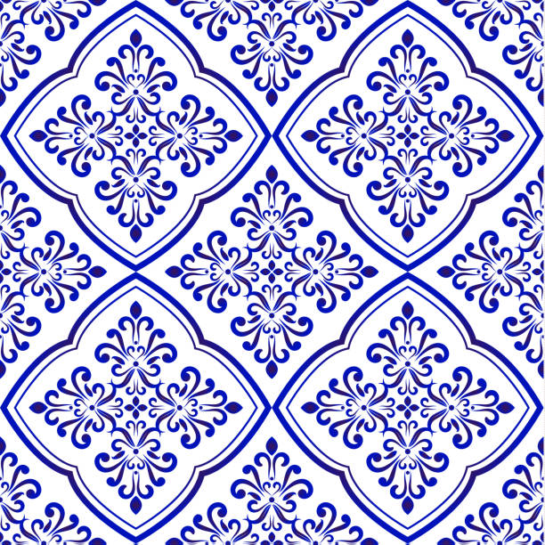 장식 타일 배경 벡터 - textile blue leaf paisley stock illustrations