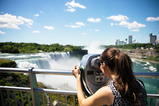 Niagara falls city, Canada and USA - Jul. 23, 2015: Overlooking the Niagara falls from Marriott Fallsview Hotel.